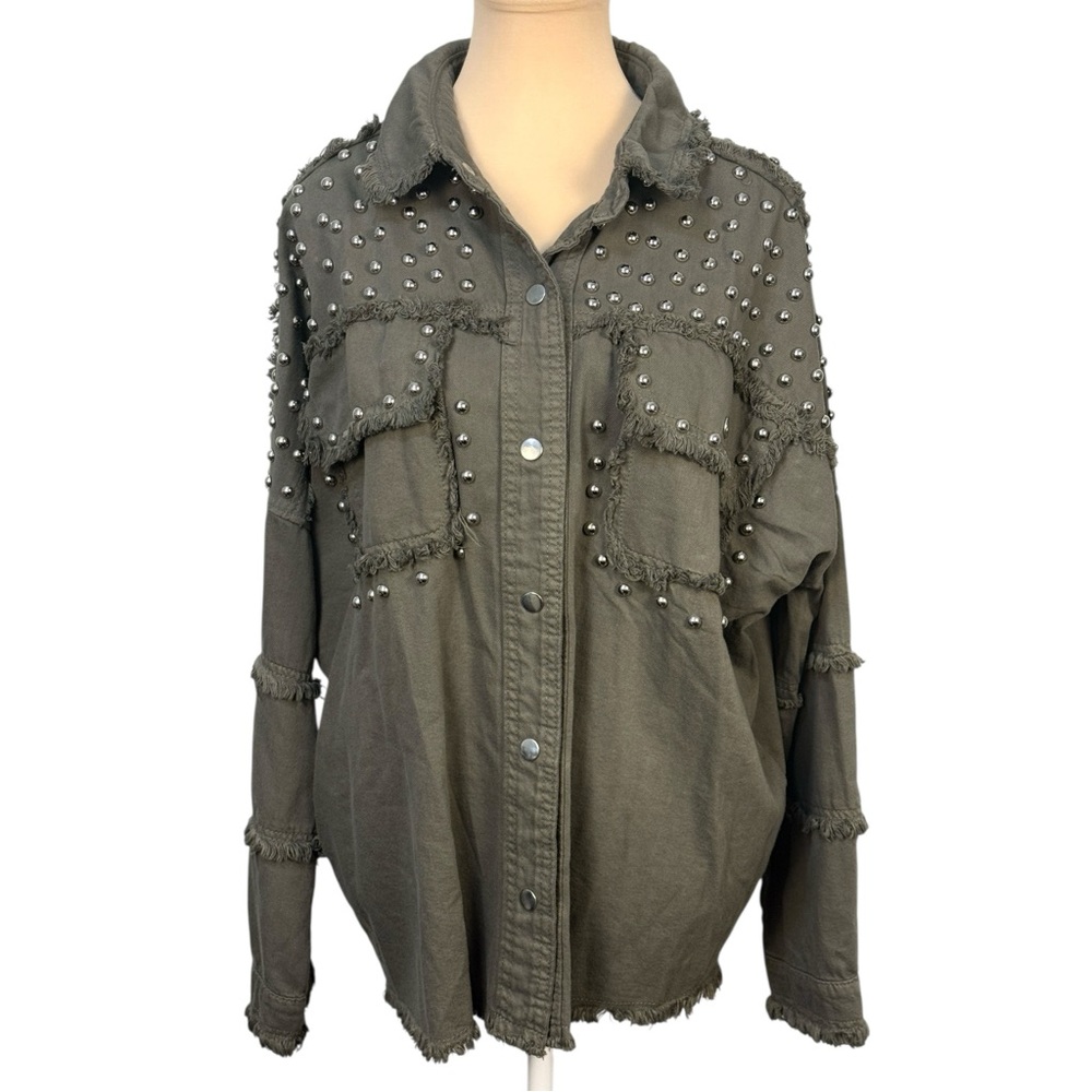 Elan Dark Green Studded Fringed Utility Jacket Size Small Edgy Shacket Size s